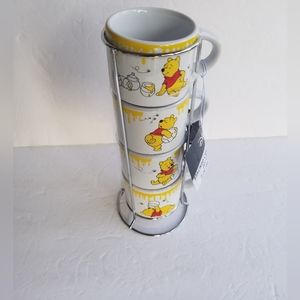 Set Of 4 Disney Winnie The Pooh 3oz Stacking Espresso Cups With Metal Rack